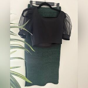 Elegant Black Mesh Puff Sleeve Crop Top with Textured Green Skirt Set